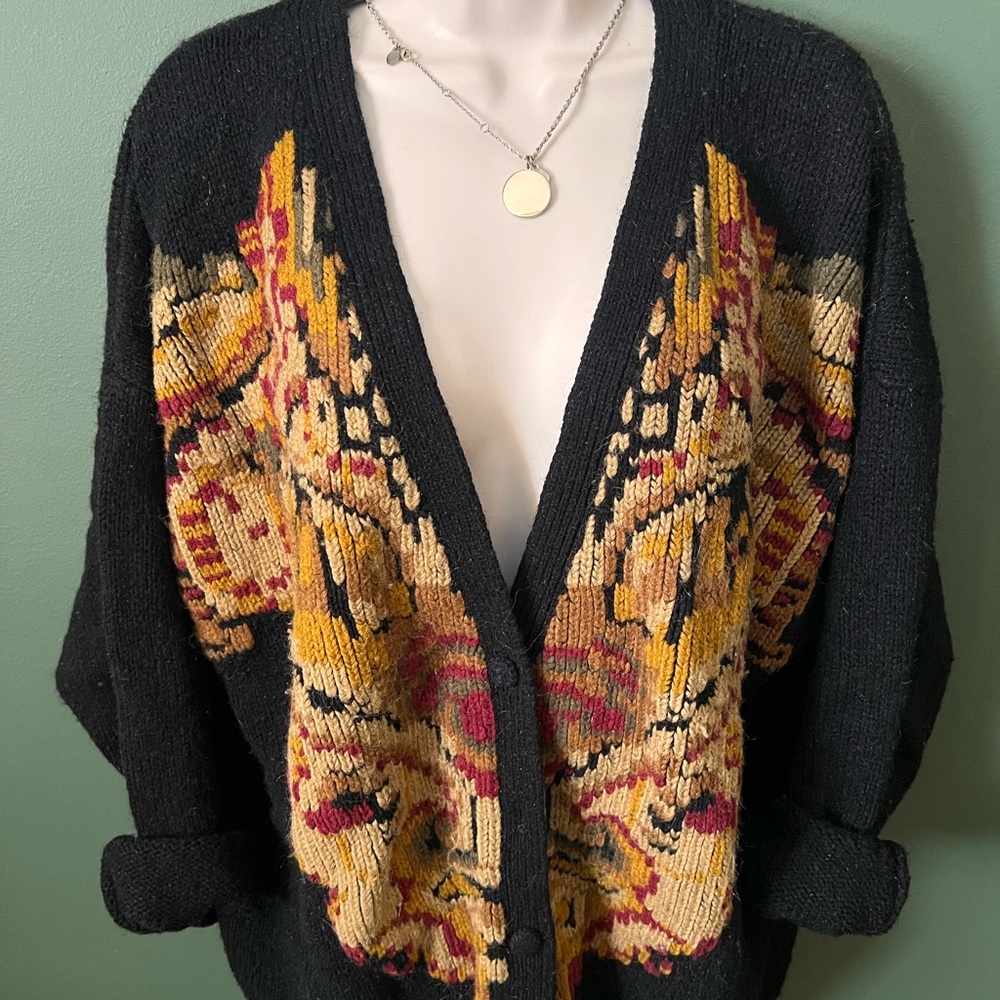 Vintage GP Collections Black Cardigan with Vibrant Yellow and Red Pattern